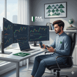 Pakistani trader analyzing forex, crypto, and stock trading charts on laptop and mobile for trading education