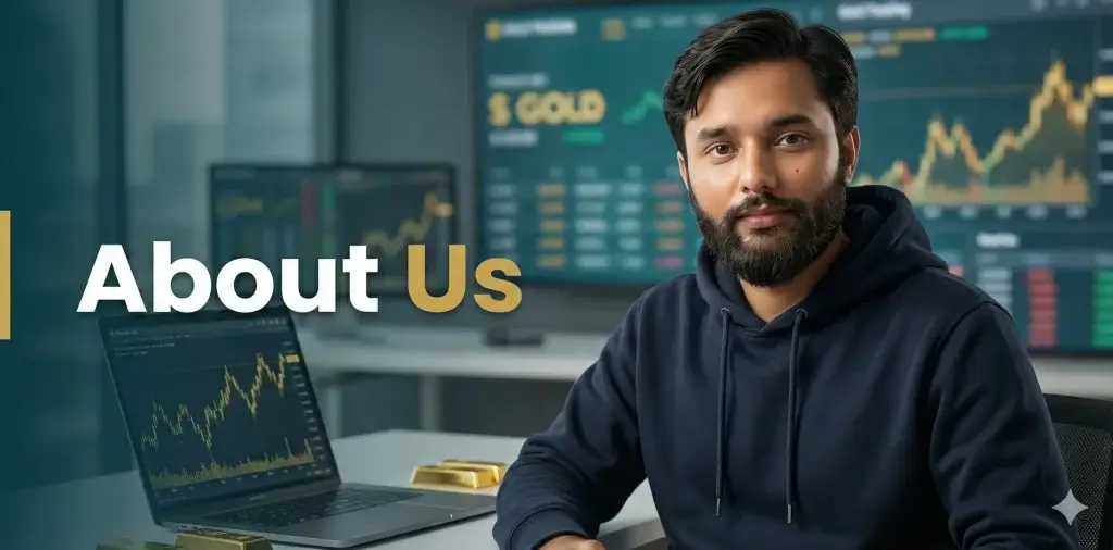 About Us header image for Pips Journal featuring a Pakistani trader analyzing gold charts and gold bars in a modern office setup.