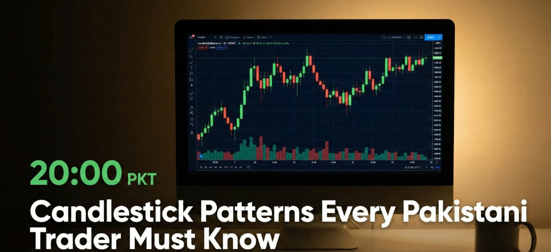 Computer screen displaying candlestick patterns on a Forex chart during Pakistan evening trading session (20:00 PKT), showing technical analysis for Gold and currency pairs.