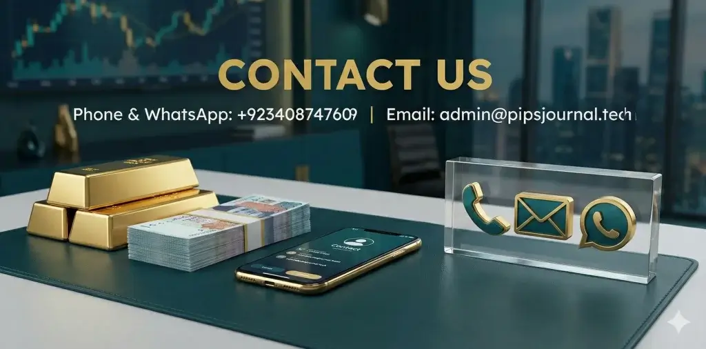 Banner displaying gold bars and Pakistani currency showing details to contact Pipsjournal via WhatsApp +923408747609.