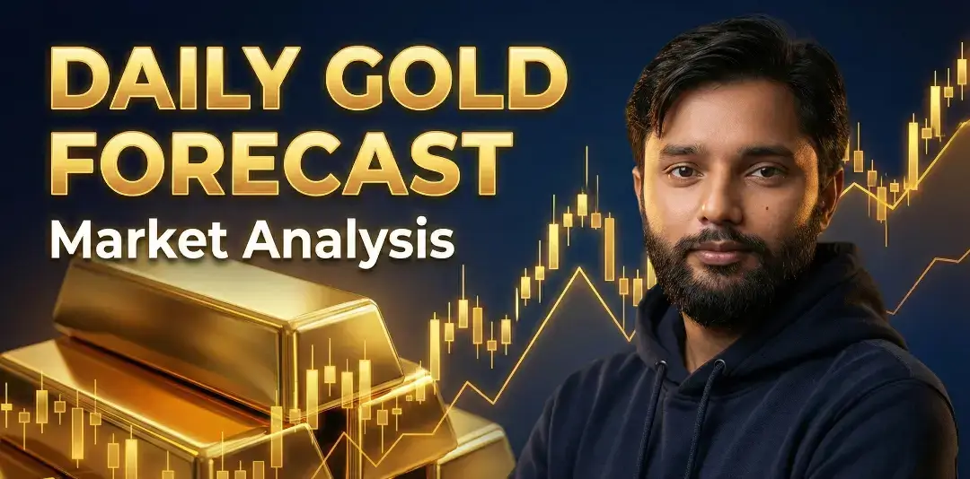 Daily Gold Forecast banner featuring Muhammad Usman Ali analyzing XAUUSD market trends with gold bars and candlestick charts background.