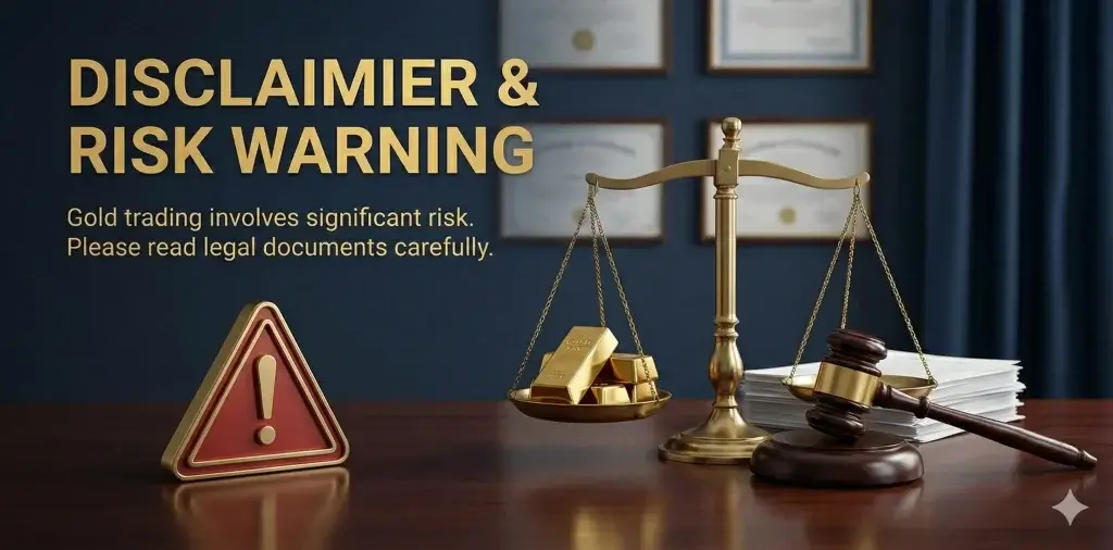 Disclaimer page header for Pips Journal showing legal documents, a balance scale with gold bars, and caution symbols representing trading risks.