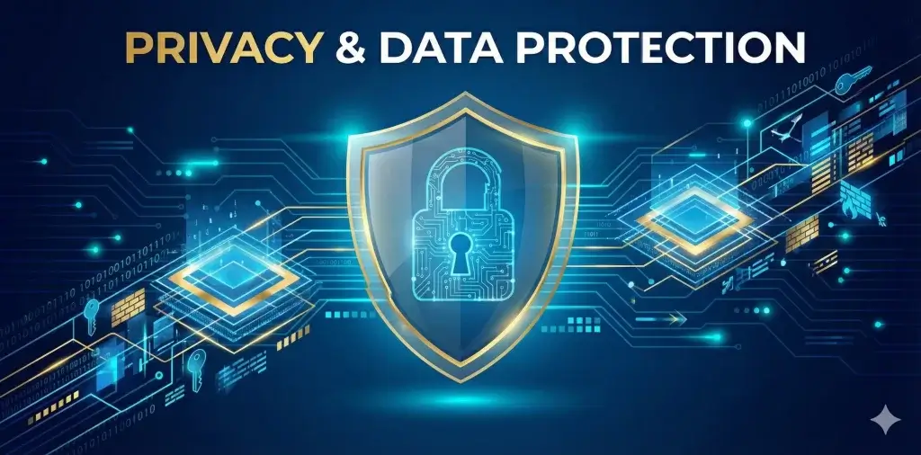 Privacy Policy header for Pips Journal featuring digital locks and shields symbolizing secure data protection for Pakistani traders.