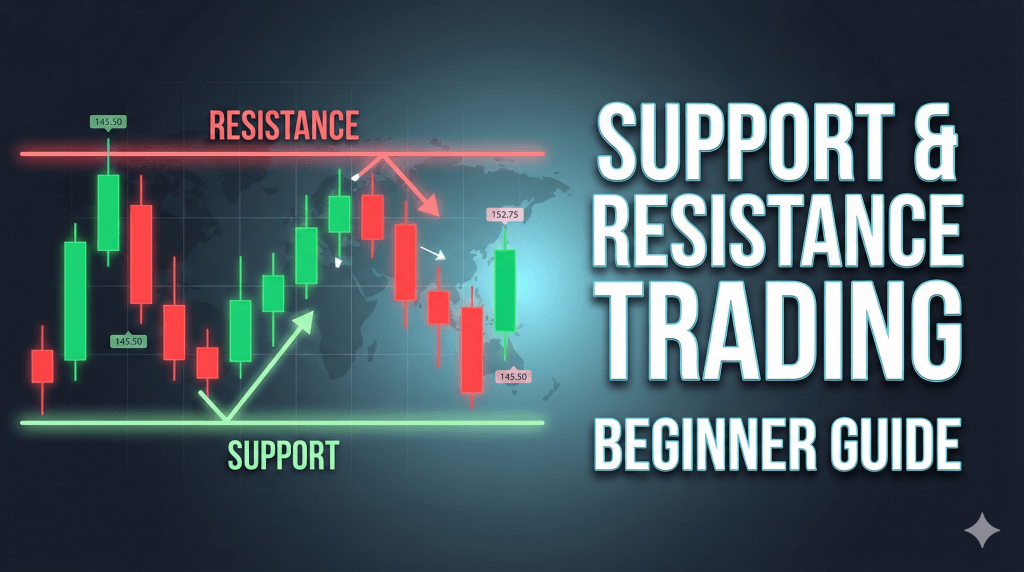 Support and resistance trading thumbnail with candlestick chart and price levels