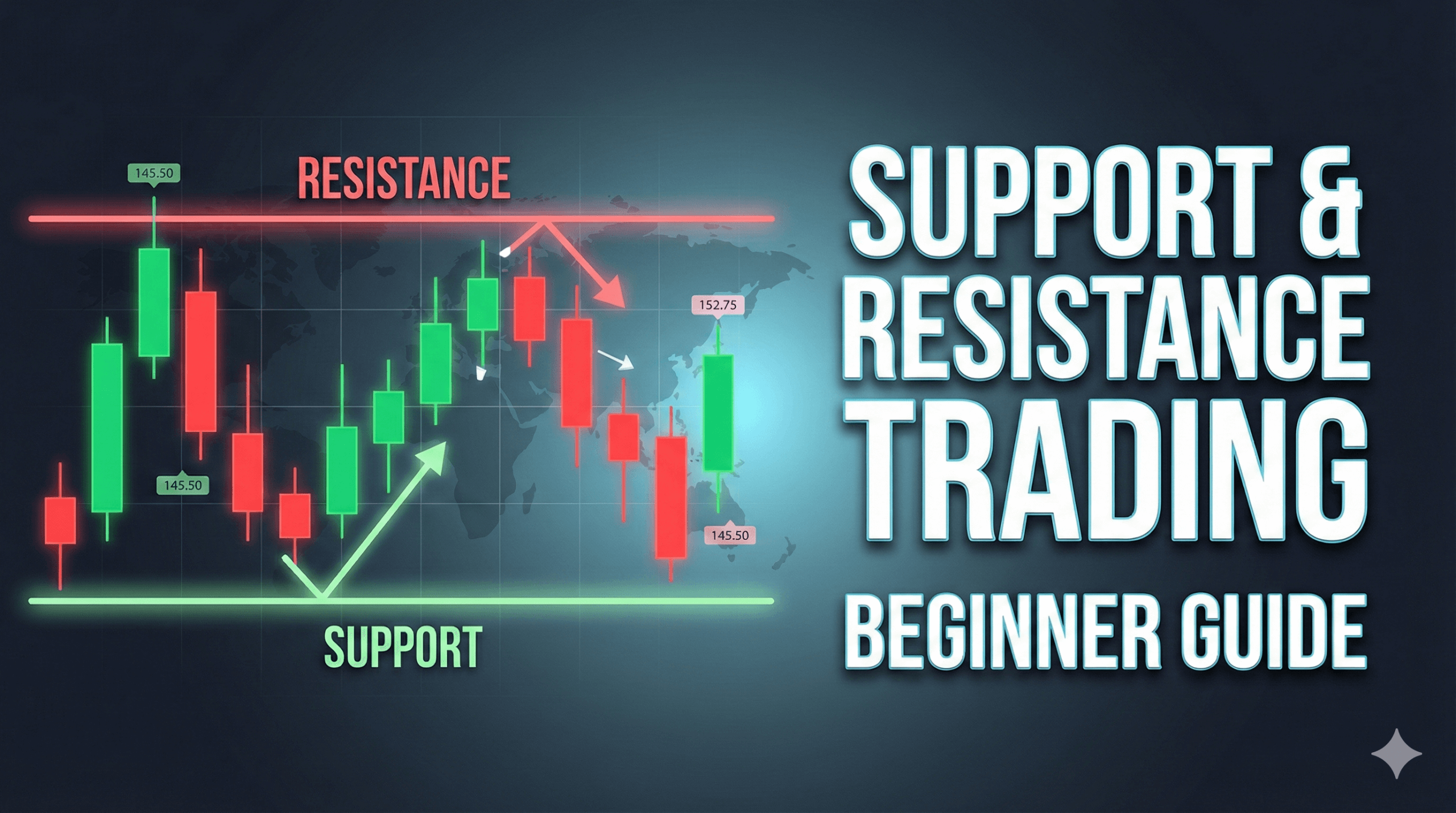 Support and resistance trading thumbnail with candlestick chart and price levels