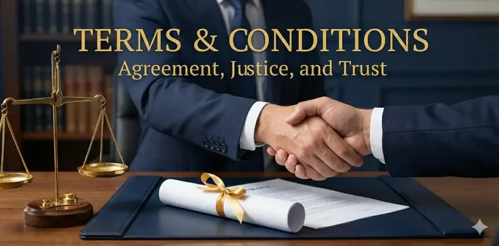 Terms and Conditions page header for Pips Journal, featuring legal contract documents, a business handshake, and scales of justice symbolizing a fair user agreement for gold trading services.