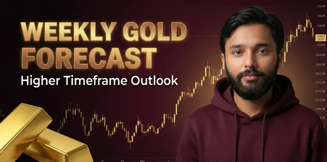 Weekly Gold Forecast banner featuring Muhammad Usman Ali with long-term XAUUSD charts and gold bars on a maroon background.