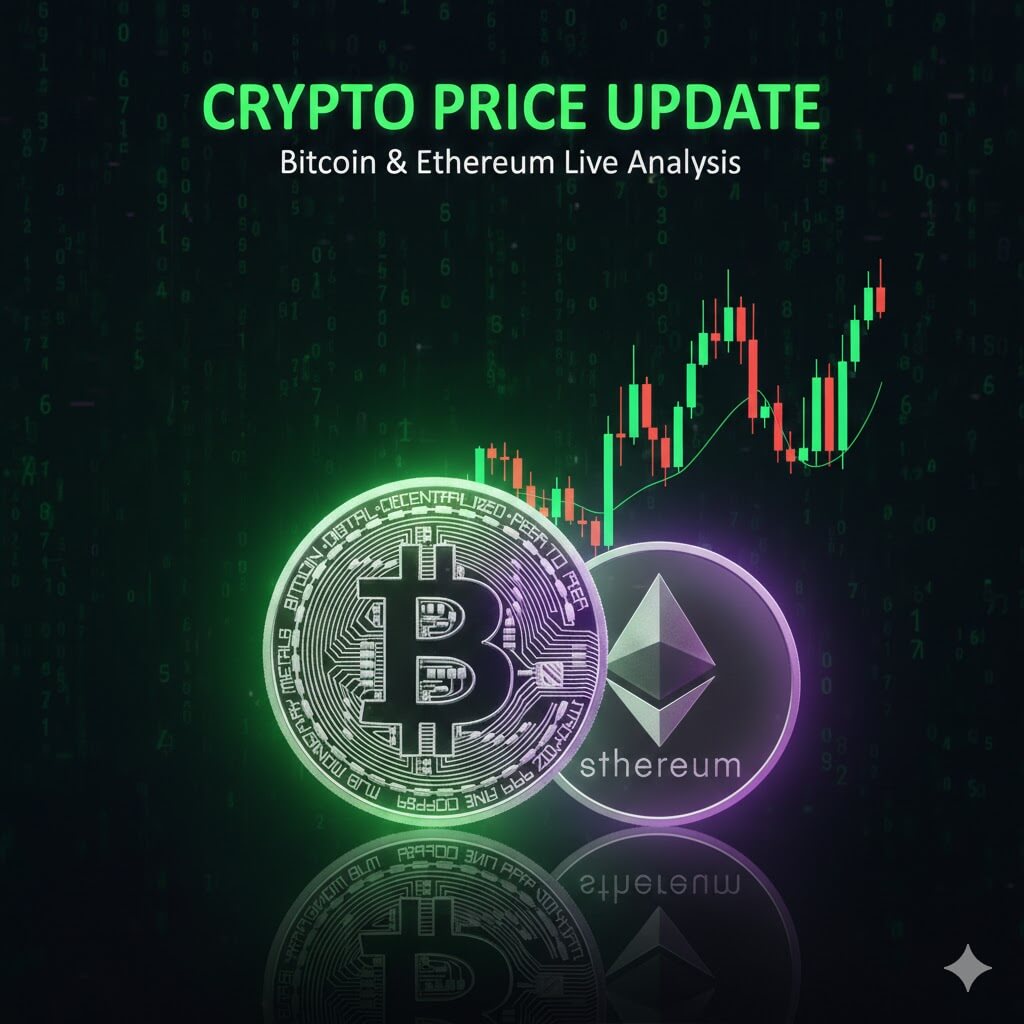 Daily crypto update showing Bitcoin and Ethereum live prices and technical analysis