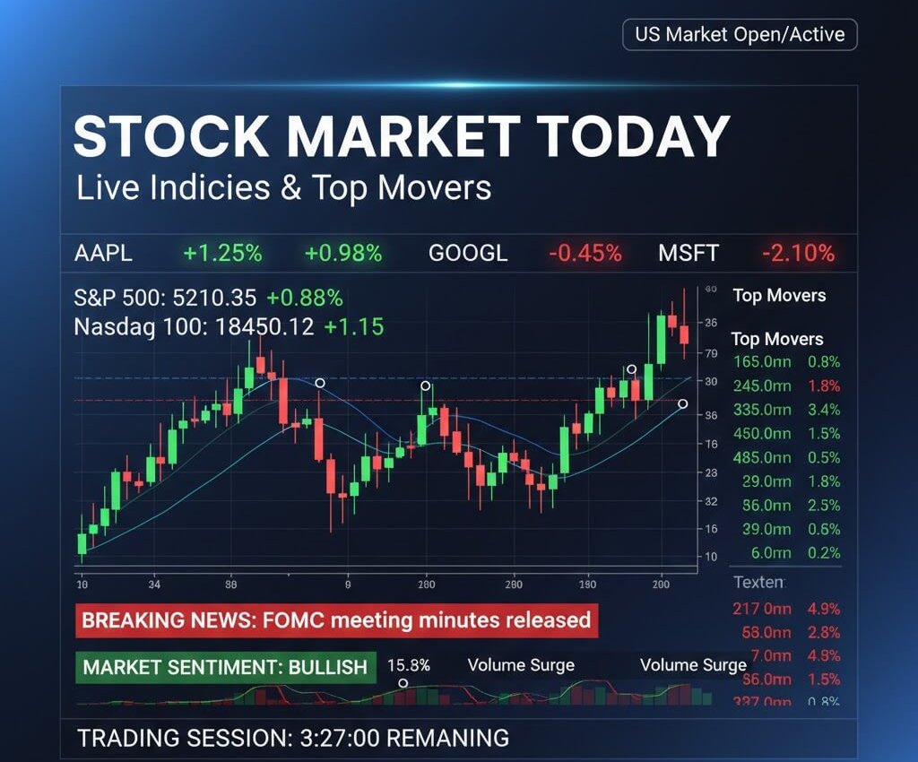 Stock market today showing S&P 500 and Nasdaq live prices with top gainers and losers